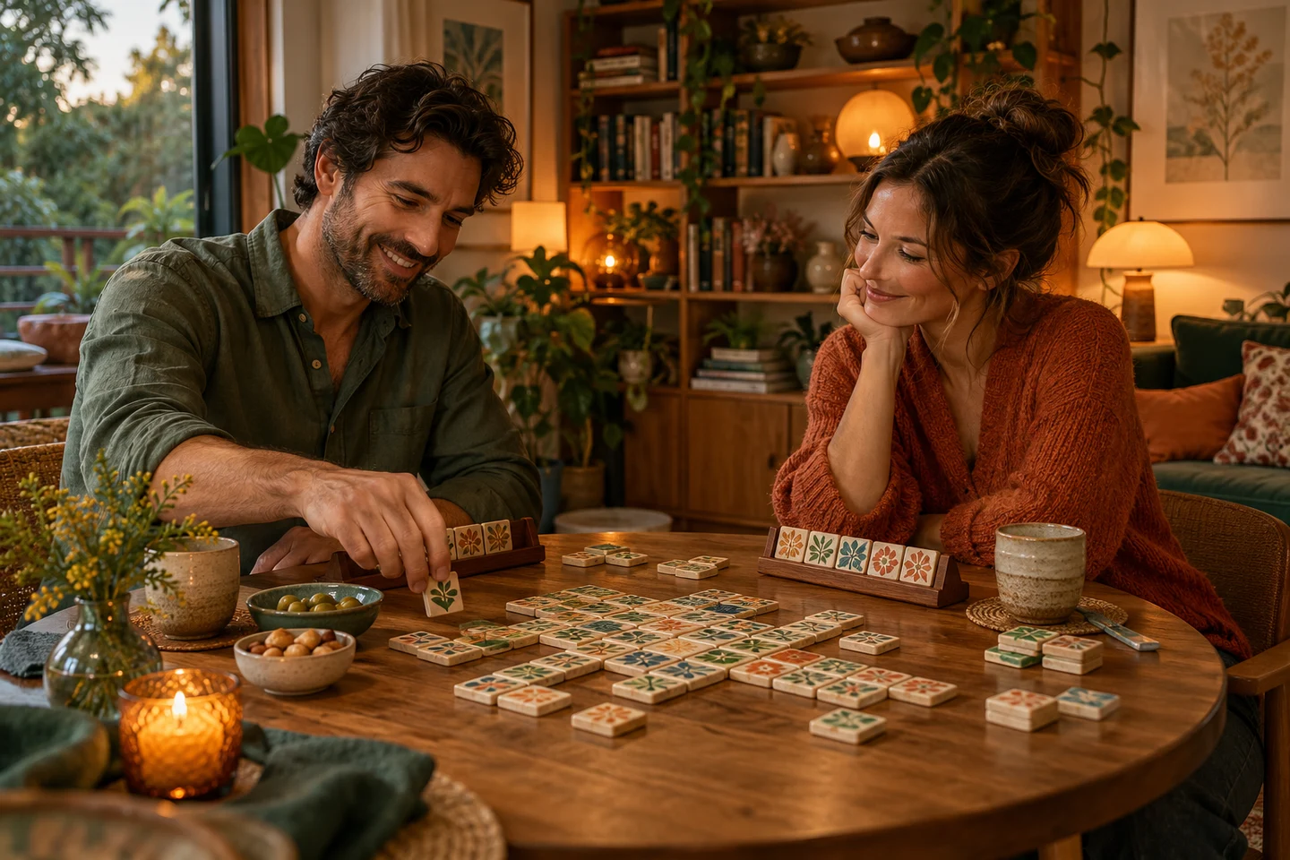 Two adults enjoying a thoughtful board game in a teal and cream Australian interior