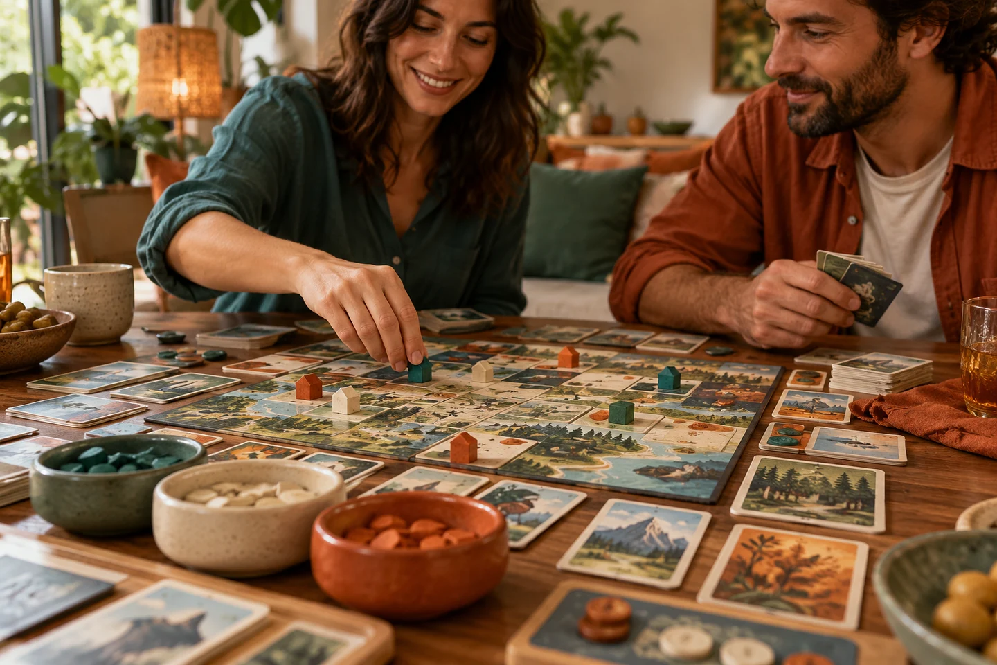 Ceramic trays of counters beside shuffled cards