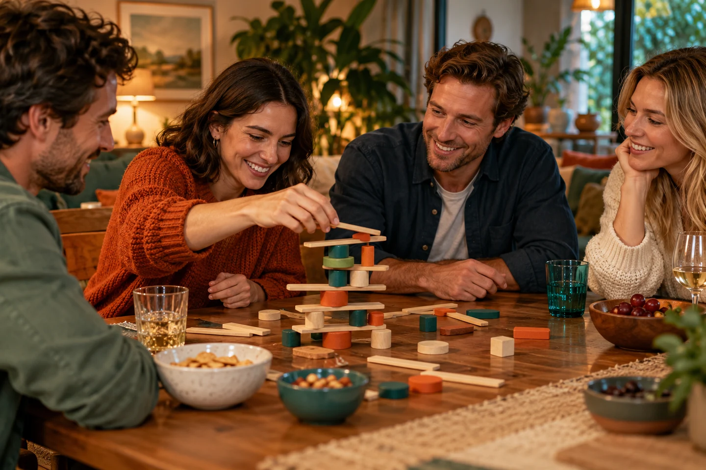 Adult siblings enjoying a dexterity tabletop game