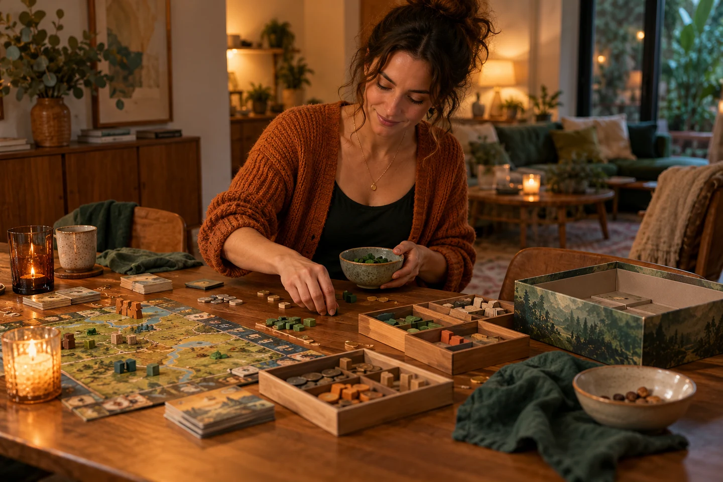 A host sorting the last wooden game pieces at a cleared table
